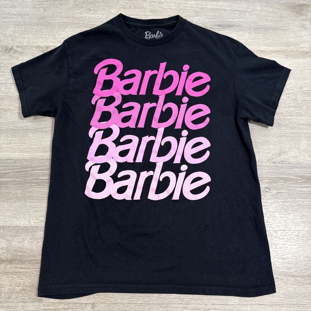 Barbie Shirt Black Pink Ombre Logo Short Sleeve Tee Large 100% Cotton